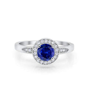 Halo Art Deco Engagement Ring Round Simulated Blue Sapphire CZ 925 Sterling Silver